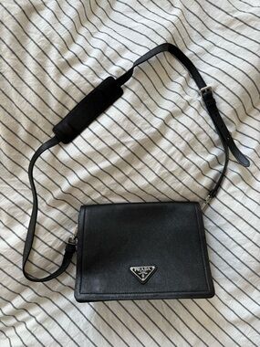 Prada Black Soft Grain Leather Shoulder Bag with Silver Logo